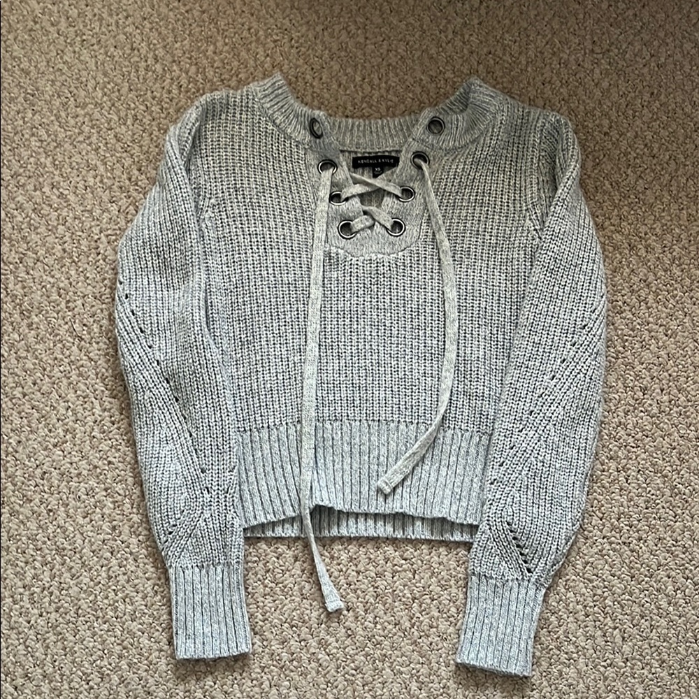 Gray Lace-Up Sweater